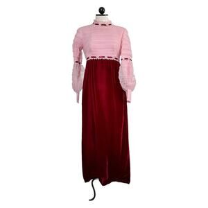 Vintage 1960's Juniors Formal Pink & Burgundy Long Dress Velvet & Nylon Size 7/8